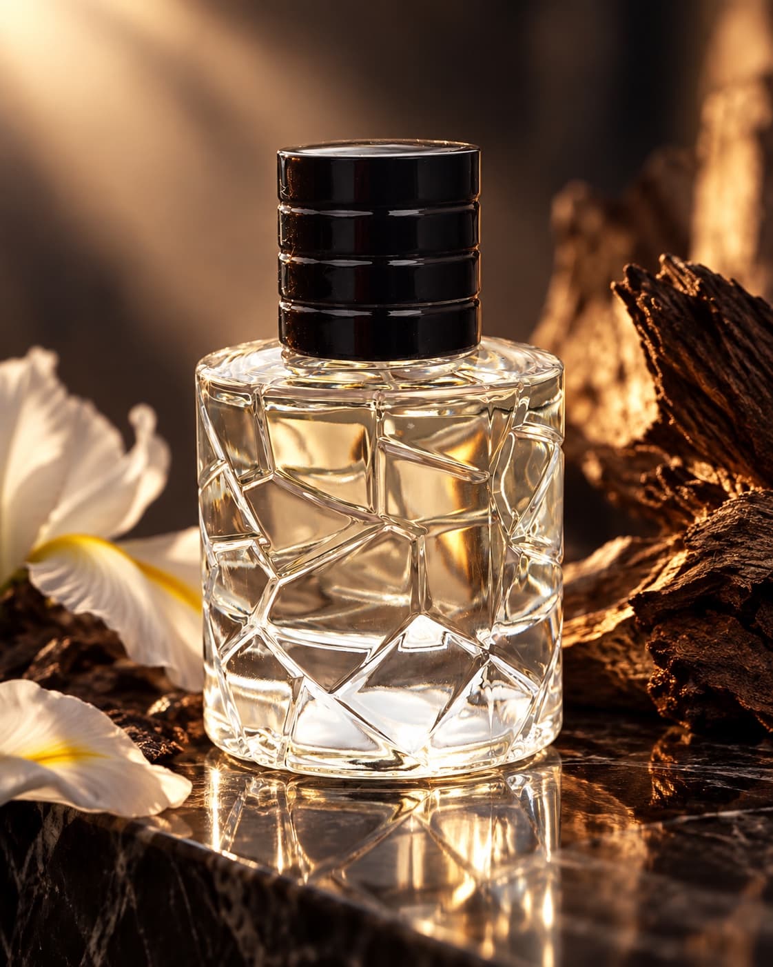 Chef-d'Oeuvre bottle, cracked glass and white iris