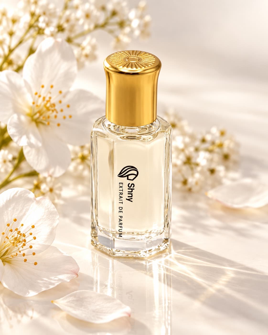 SHNY Extrait de Parfum, gold roll-on among white blossoms