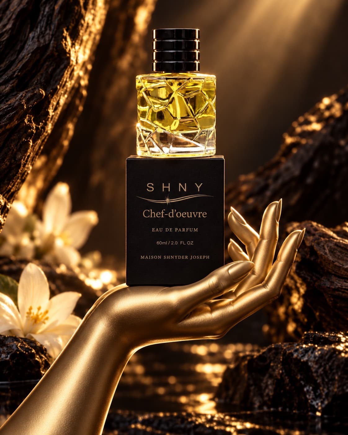 Chef-d'Œuvre eau de parfum, held in a gilded hand