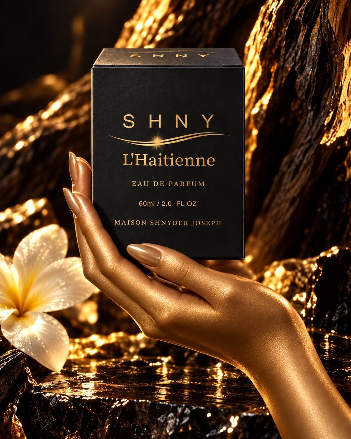 L'Haitienne eau de parfum, held in a gilded hand