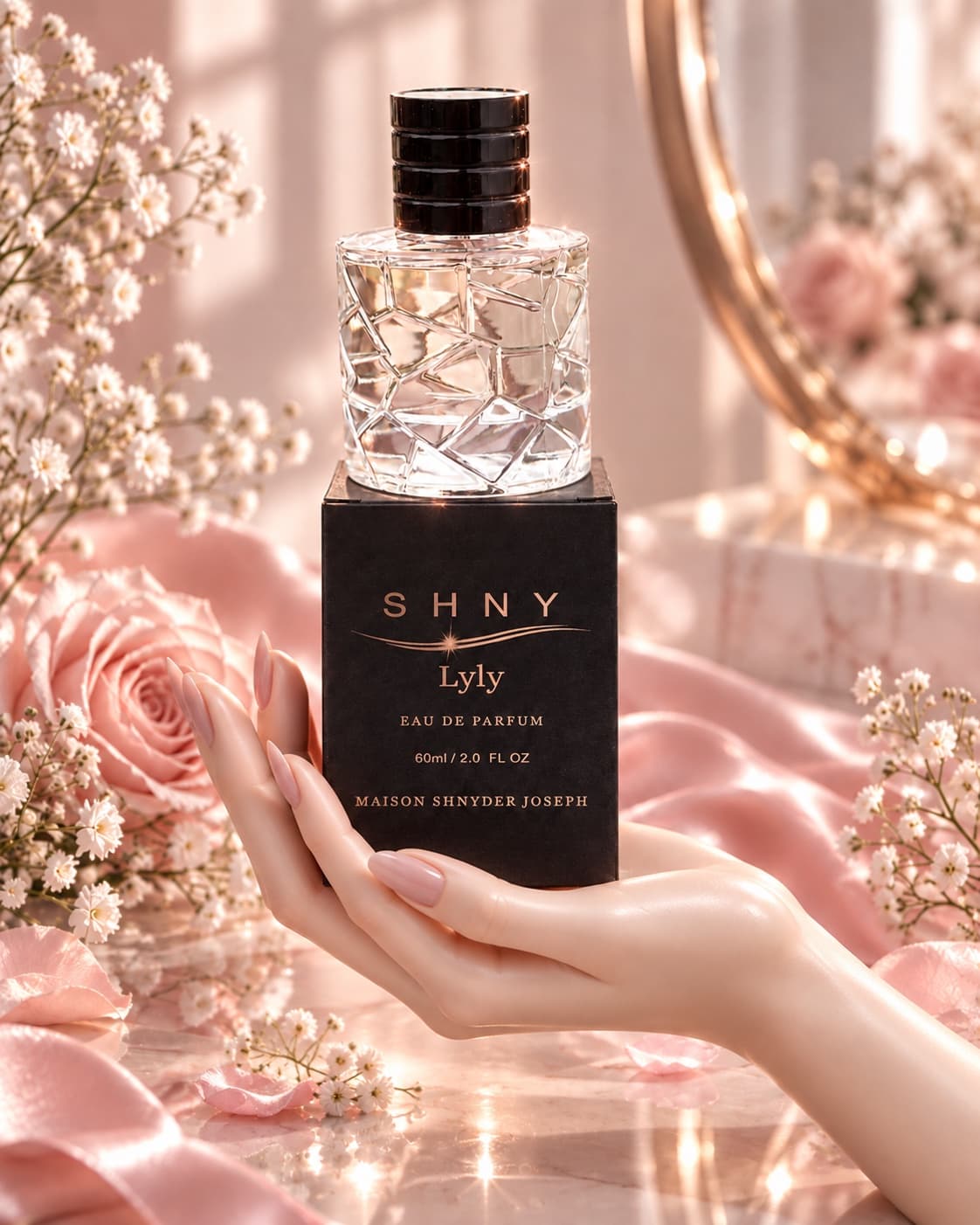 Lyly eau de parfum held in a hand, roses and silk