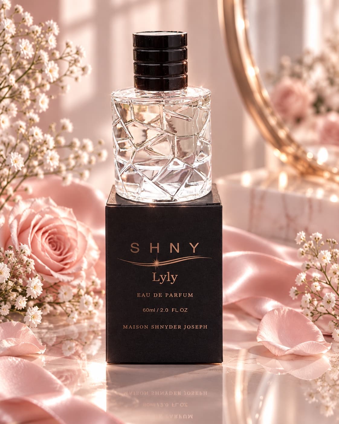 Lyly eau de parfum on pink roses and silk