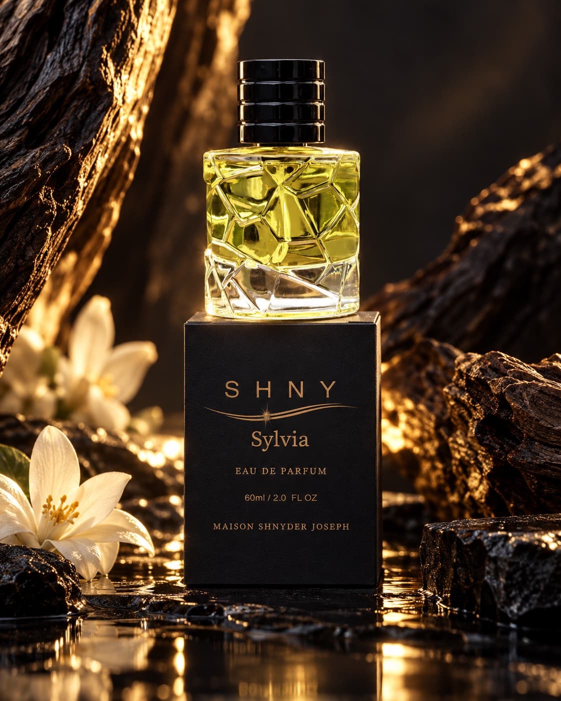Sylvia eau de parfum among white lilies, golden light